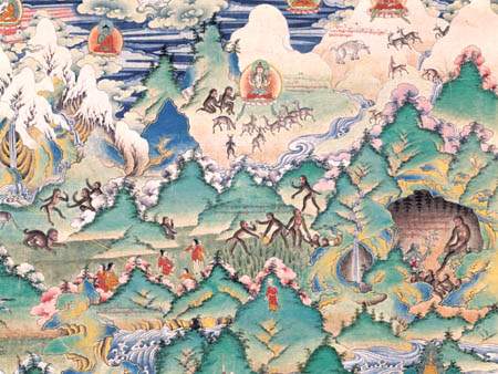 The history of Buddhism in Tibet begins with Bon. The Bon religion of Tibet was animistic and shamanistic, and elements of it live on today, to one degree or another, in Tibetan Buddhism.
Although Buddhist scriptures may have made their way into Tibet centuries earlier, the history of Buddhism in Tibet effectively begins in 641 CE. In that year, King Songtsen Gampo (d. ca. 650) unified Tibet through military conquest and took two Buddhist wives, Princess Bhrikuti of Nepal and Princess Wen Cheng of China. The princesses are credited with introducing their husband to Buddhism.