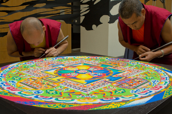 The Sand Mandala (Tibetan: དཀྱིལ་འཁོར།, Wylie: dkyil 'khor; Chinese: 沙坛城; pinyin: Shā Tánchéng) is a Tibetan Buddhist tradition involving the creation and destruction of mandalas made from colored sand. A sand mandala is ritualistically destroyed once it has been completed and its accompanying ceremonies and viewing are finished to symbolize the Buddhist doctrinal belief in the transitory nature of material life.